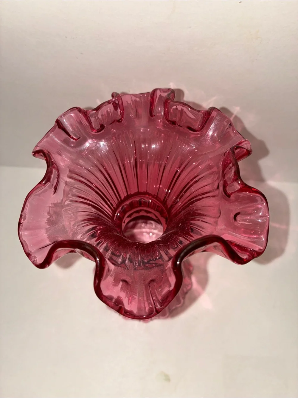 Fenton Cranberry Pink Ruffled Wheat Glass Vase